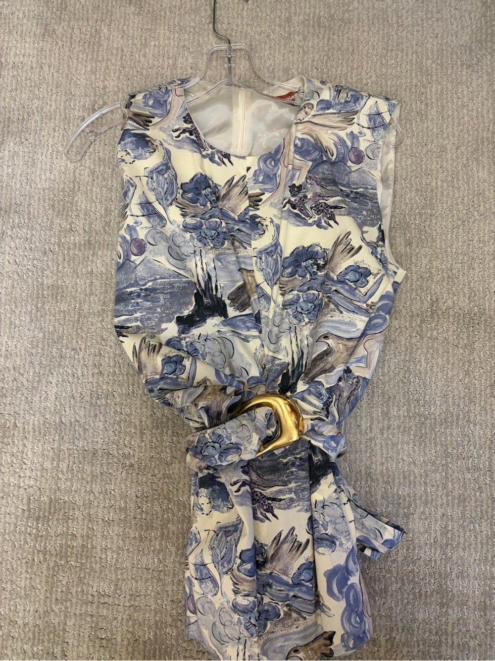 Altuzarra Blue and Cream Floral Print Sleeveless Tank with Gold Buckle